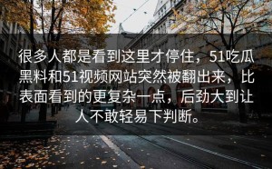 很多人都是看到这里才停住，51吃瓜黑料和51视频网站突然被翻出来，比表面看到的更复杂一点，后劲大到让人不敢轻易下判断。